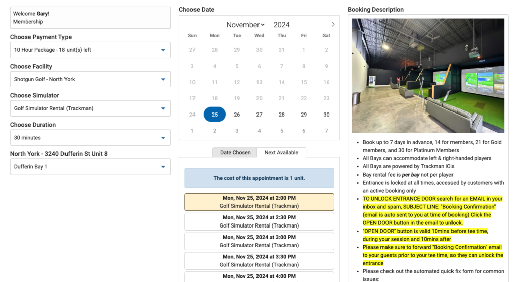 Screenshot of the new Shotgun Indoor Golf booking system showing a streamlined timeslot selection interface and confirmation email details.